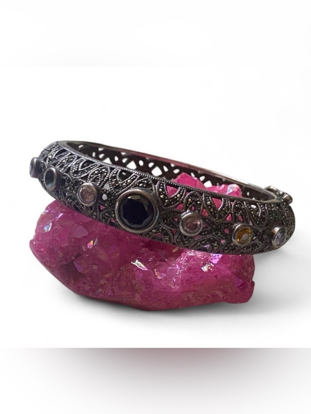 Vintage Marcasite Multi Gemstone Sterling Silver Bangle Bracelet #8294